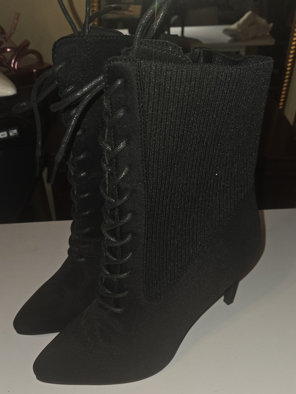 Lace-Up Pointed Toe Ankle Boots in Black